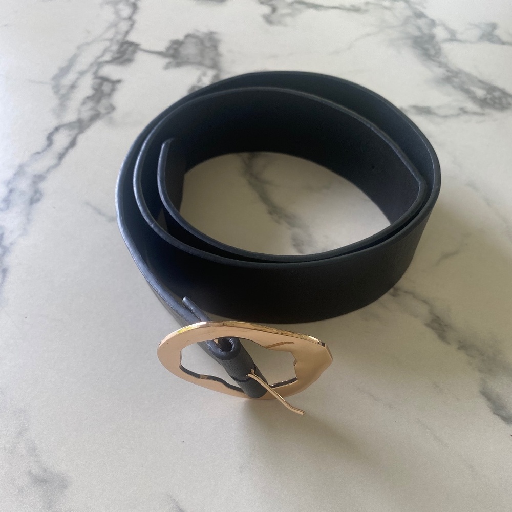 Black leather belt with gold buckle